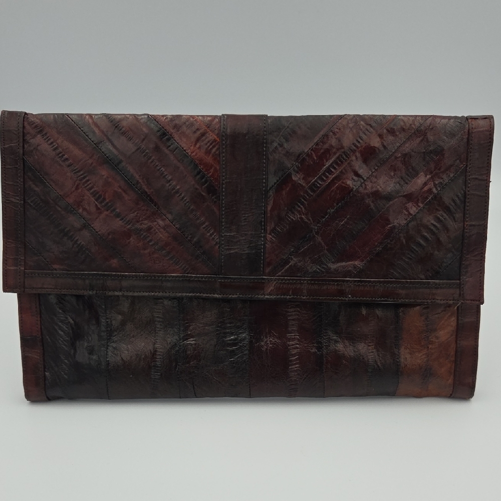 Vintage Brown Eel Skin Leather Clutch Evening Bag Large 11" x 6.5" Purse